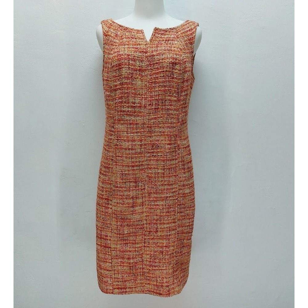 Talbots Tweed Sheath Dress Women's 8P Orange Pink Multi Notch Neck Sleeveless